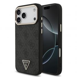 Juodas dėklas Guess PU Leather 4G Triangle Logo Gold Frame MagSafe telefonui Apple Iphone 18 Pro Max