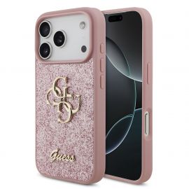 Rausvas originalus dėklas Guess PU Fixed Glitter 4G Metal Logo telefonui Apple iPhone 18 Pro