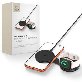 Juodas belaidis pakrovėjas "TECH-PROTECT A55 2IN1 MAGNETIC MAGSAFE WIRELESS CHARGER 25W QI2.2"