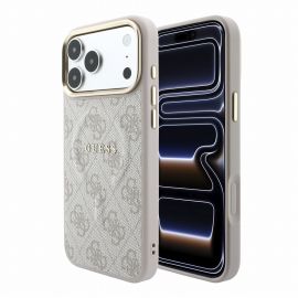 Rausvas dėklas telefonui Apple iPhone 18 Pro Max "Guess PU Leather 4G Gold Frame Embossed MagSafe"