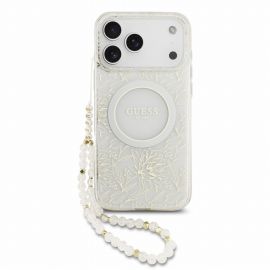 Baltas dėklas telefonui Apple iPhone 18 Pro Max "Guess IML Flowers Allover Strap MagSafe"
