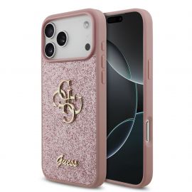Rausvas originalus dėklas Guess PU Fixed Glitter 4G Metal Logo telefonui Apple iPhone 18 Pro Max