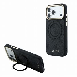 Juodas dėklas telefonui Apple iPhone 18 Pro Max "Guess PU 4G Ring Stand MagSafe"