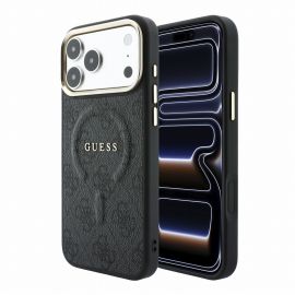 Juodas dėklas telefonui Apple iPhone 18 Pro "Guess PU Leather 4G Gold Frame Embossed MagSafe"