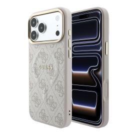 Rausvas dėklas telefonui Apple iPhone 18 Pro "Guess PU Leather 4G Gold Frame Embossed MagSafe"