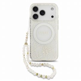 Baltas dėklas telefonui Apple iPhone 18 Pro "Guess IML Flowers Allover Strap MagSafe"