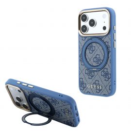 Mėlynas dėklas telefonui Apple iPhone 18 Pro "Guess PU 4G Ring Stand MagSafe"