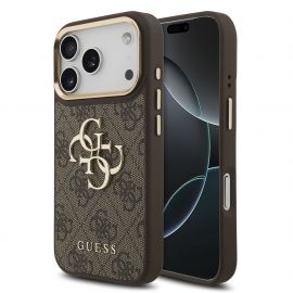 Rudas dėklas telefonui Apple iPhone 18 Pro "Guess PU Leather 4G Metal Logo Gold Frame"
