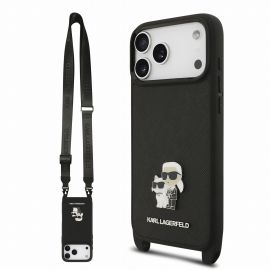 Juodas dėklas telefonui Apple Iphone 18 Pro "Karl Lagerfeld Saffiano Crossbody Strap Metal Karl and Choupette"