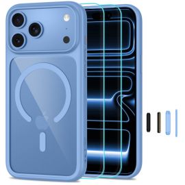 Šviesiai mėlynas-skaidrus dėklas su apsauginiu stiklu telefonui Apple Iphone 17 Pro / 18 Pro "TECH-PROTECT MAGONE MAGSAFE CC + GLASS 2-PACK"