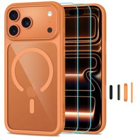 Oranžinis-skaidrus dėklas su apsauginiu stiklu telefonui Apple Iphone 17 Pro Max / 18 Pro Max "TECH-PROTECT MAGONE MAGSAFE CC + GLASS 2-PACK"
