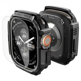 Juodas matinis dėklas su apsauginiu stiklu APPLE WATCH ULTRA 1 / 2 / 3 / 4 (49 MM)"SPIGEN RUGGED ARMOR & TEMPERED GLASS"