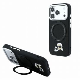 Juodas dėklas telefonui Apple iPhone 18 Pro Max "Karl Lagerfeld PU Grained K&CH Heads Ring Stand Magsafe
