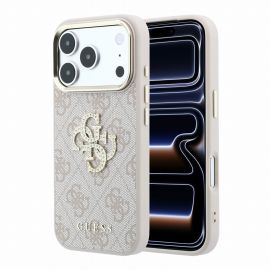 Rausvas dėklas Guess PU 4G Strass Metal Logo telefonui Apple iPhone 18 Pro