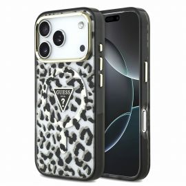 Juodas dėklas Guess IML Glitter Leopard Triangle Logo MagSafe telefonui Apple iPhone 18 Pro