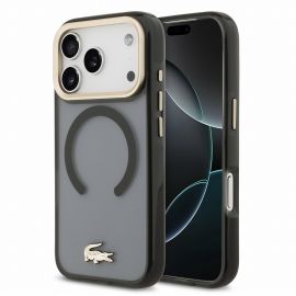 Juodas originalus dėklas Lacoste IML Shockproof Petit Pique Gold Logo MagSafe telefonui Apple iPhone 18 Pro