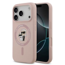 Rausvas dėklas Karl Lagerfeld Liquid Silicone Karl and Choupette MagSafe telefonui Apple Iphone 18 Pro