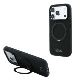 Juodas dėklas telefonui Apple Iphone 18 Pro Max "Lacoste PVC Petit Pique Semi Wrap Ring Stand MagSafe"