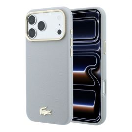 Šviesiai pilkas dėklas Lacoste PU Leather Champs Elysees Gold Logo MagSafe telefonui Apple iPhone 18 Pro Max