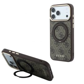 Rudas dėklas telefonui Apple iPhone 18 Pro "Guess PU 4G Ring Stand MagSafe"