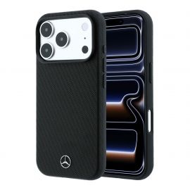 Juodas dėklas Mercedes PU Leather Wood Semi Wrap MagSafe telefonui Apple iPhone 18 Pro Max