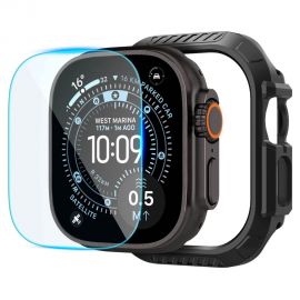 Juodas matinis dėklas ir apsauginis stiklas APPLE WATCH ULTRA 1 / 2 /3 / 4 (49 MM) "SPIGEN LOCK FIT & TEMPERED GLASS"