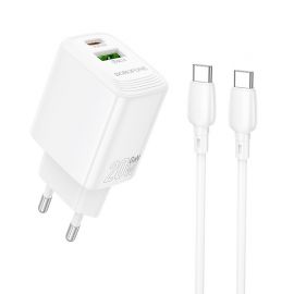 Baltas įkroviklis Borofone BN27 20W USB-C / USB-A + USB-C to USB-C cable 1.0m