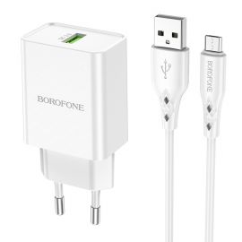 Baltas įkroviklis buitinis Borofone BN5 QC 3.0 18W + microUSB