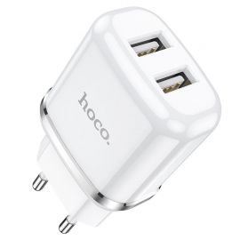 Baltas įkroviklis buitinis Hoco N4 su dviem USB jungtimis (2.4A)