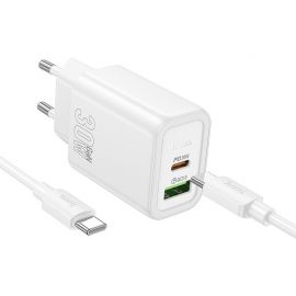 Baltas įkroviklis Hoco N63 30W GaN USB-C / USB-A + USB-C to USB-C cable 1.0m