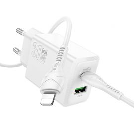 Baltas įkroviklis Hoco N71 30W GaN USB-C / USB-A + USB-C to Lightning cable 1.0m
