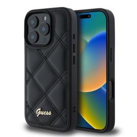 Juodas originalus dėklas Guess PU Leather Quilted telefonui Apple iPhone 16 Pro