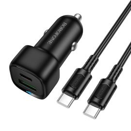 Juodas automobilinis įkroviklis Borofone BZ34B 38W USB-C / USB-A + USB-C to USB-C cable 1.0m