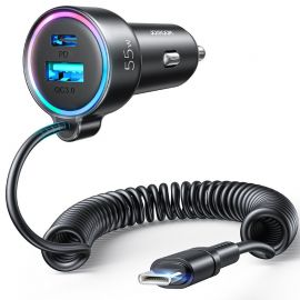 Juodas įkroviklis automobilinis Joyroom JR-CL07 3-in-1 USB / Type-C 55W + Type-C 1.5m