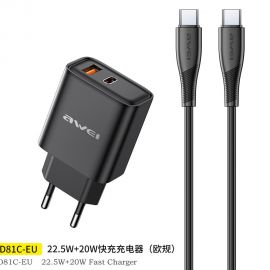 Juodas įkroviklis Awei PD81C-EU USB-A / USB-C + USB-C to USB-C cable