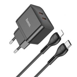 Juodas įkroviklis buitinis Hoco N29 PD35W su dviem Type-C jungtimis + Lightning