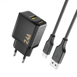 Juodas įkroviklis Dudao A23T 12W USB-A + USB-A to USB-C cable 1.0m