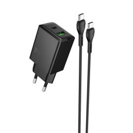 Juodas įkroviklis Hoco N71 30W GaN USB-C / USB-A + USB-C to USB-C cable 1.0m