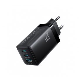 Juodas įkroviklis Joyroom JR-TG10 GaN 65W 2xUSB-C / USB-A + USB-C to USB-C 100W 1.2m cable