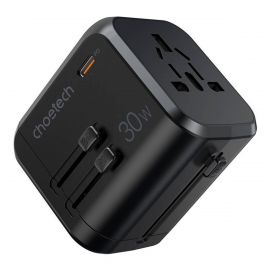 Juodas universalus kelioninis įkroviklis Choetech PD5008 30W USB-C / 3xUSB-A