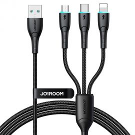 Juodas USB kabelis Joyroom SA33-1T3 USB to Lightning+USB-C+MicroUSB 3.5A 1.2m