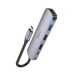 Pilkas adapteris Hoco HB27 Type-C Multi-Function Converter HDMI+USB3.0+USB2.0*2+PD
