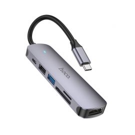 Pilkas adapteris Hoco HB28 Type-C Multi-Function Converter HDMI+USB3.0+USB2.0+SD+TF+PD
