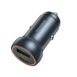 Pilkas automobilinis įkroviklis Borofone BZ32A USB-C / USB-A 30W