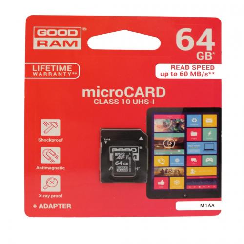 Atminties korta Goodram microSD 64Gb UHS I (class 10) + SD adapter